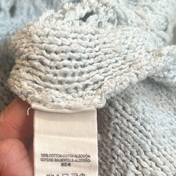 Free People EUC Light Blue Open Knit Long /S Sweater Oversized XS Frayed Hem - Picture 8 of 9